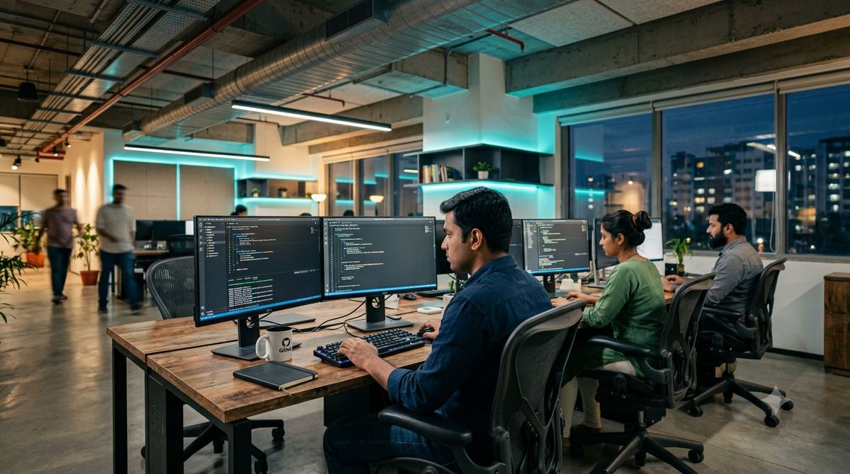 Indian software developers coding at multi-monitor workstations in the Synctrixhub office