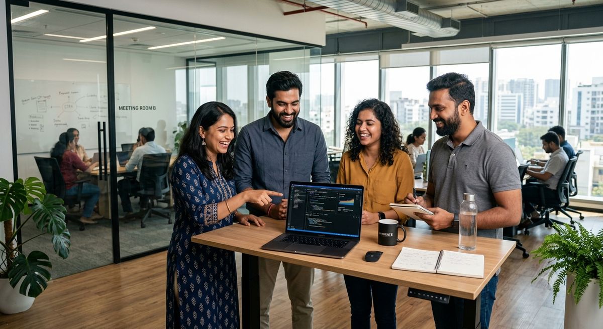 Team of Indian IT professionals collaborating around a laptop in a modern tech office